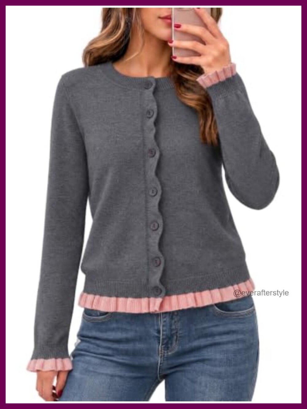 Womens Knit Ruffle Cardigan Button Down Scalloped Edge Long Sleeve